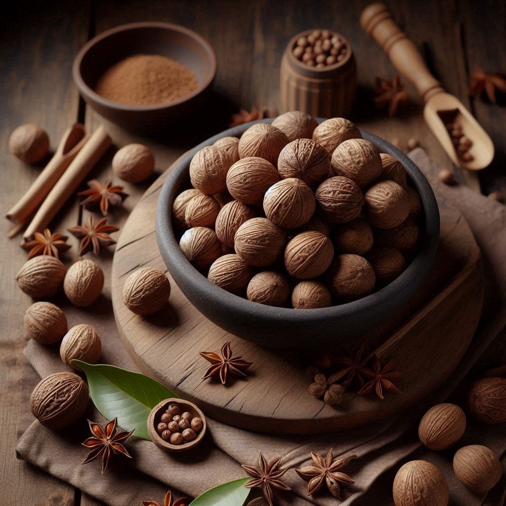 Nutmeg export from Indonesia - whole dried nutmeg seeds displayed on a white background, showcasing Indonesian nutmeg for global markets.